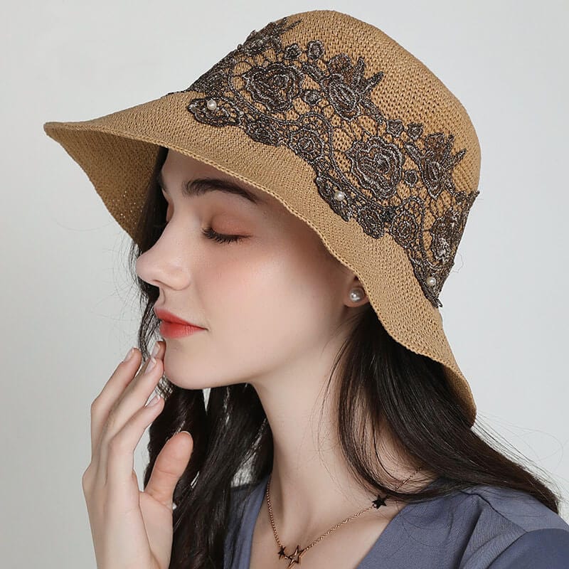 Handmade Packable Lace Embroidered Floral Straw Hats Summer Caps Beach Hat-WCM092 Accessories WAAMII   