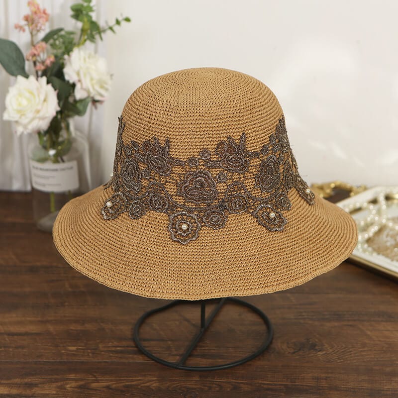 Handmade Packable Lace Embroidered Floral Straw Hats Summer Caps Beach Hat-WCM092 Accessories WAAMII Camel  