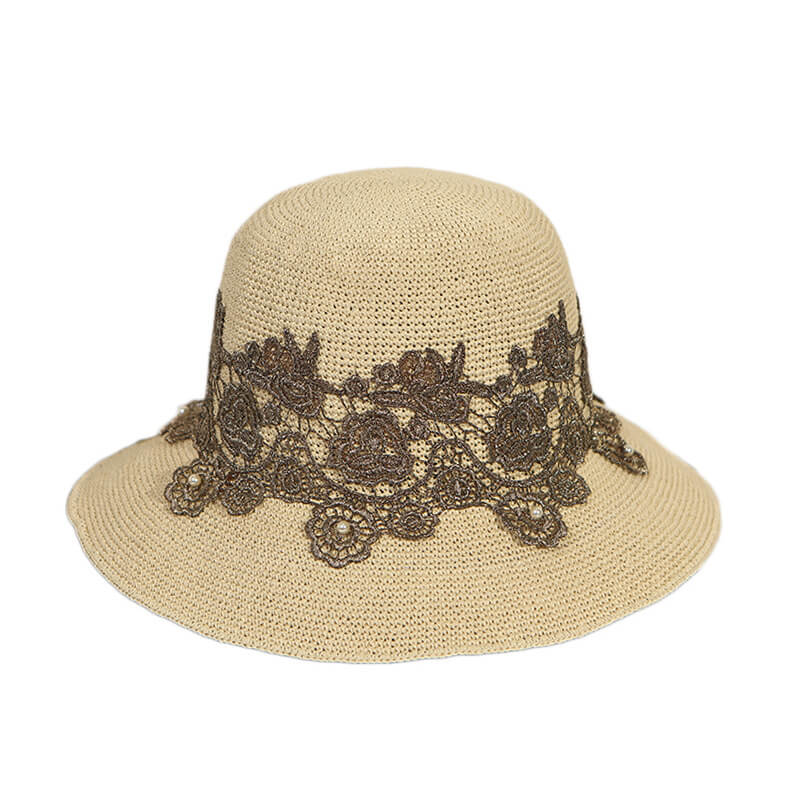 Handmade Packable Lace Embroidered Floral Straw Hats Summer Caps Beach Hat-WCM092 Accessories WAAMII   