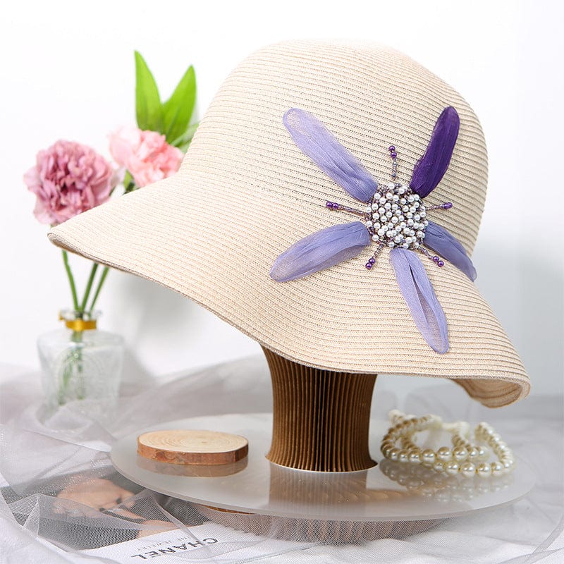 Handmade Packable Silk Floral Straw Hats Summer Caps Beach Hat-WCM011, Camel