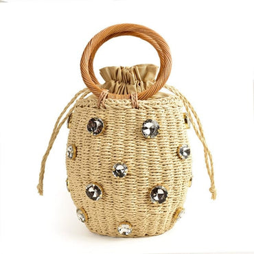 Handmade Rhinestone Crystal Embellished Mini Straw Bucket Bag-WM0313 - beige - Luxury bags by WAAMII