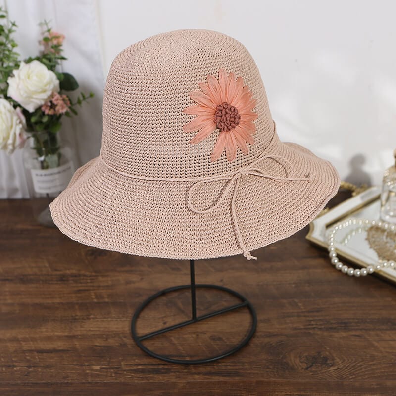 Handmade Silk Embroidered Daisy Woven Summer Straw Hat For Lady-WCM084 Accessories WAAMII Light pink  