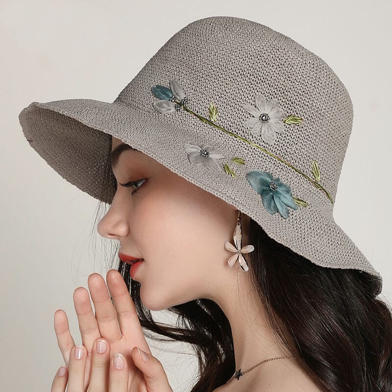 Handmade Silk Embroidered Floral Summer Natural Straw Hat For Lady-WCM086 Accessories WAAMII   