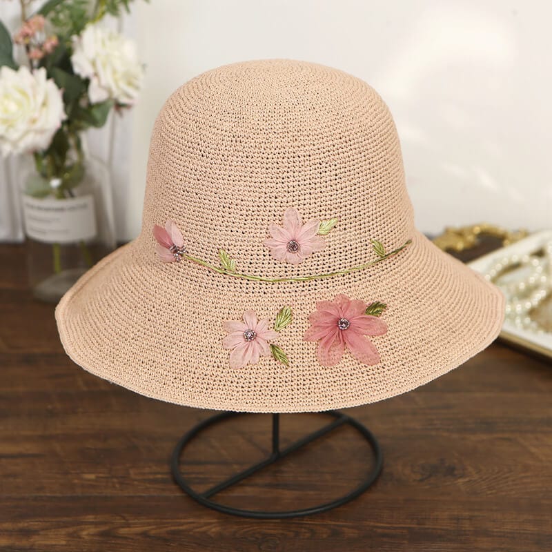 Handmade Silk Embroidered Floral Summer Natural Straw Hat For Lady-WCM086 Accessories WAAMII Pink  
