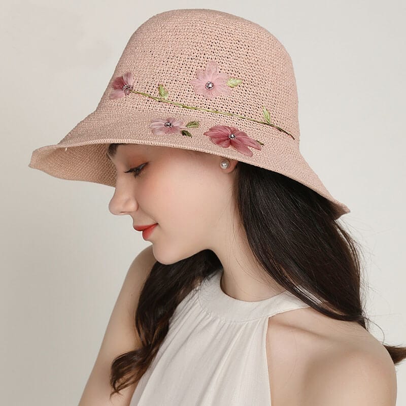 Handmade Silk Embroidered Floral Summer Natural Straw Hat For Lady-WCM086 Accessories WAAMII   
