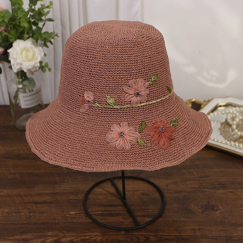 Handmade Silk Embroidered Floral Summer Natural Straw Hat For Lady-WCM086 Accessories WAAMII Dark pink  