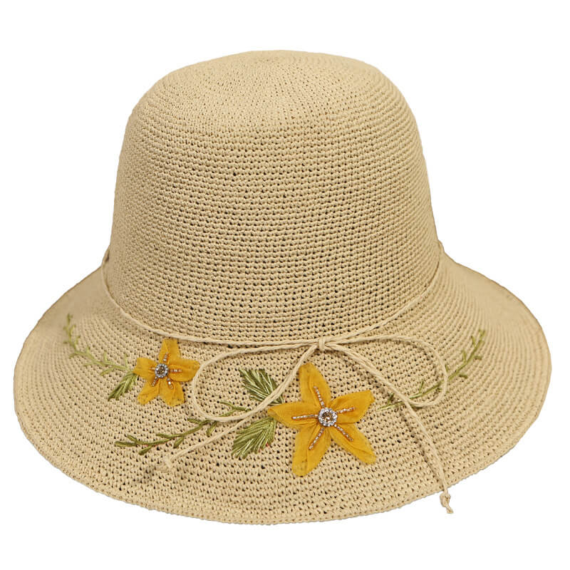 Handmade Silk Embroidered Floral Summer Natural Straw Hat For Lady-WCM086 Accessories WAAMII   