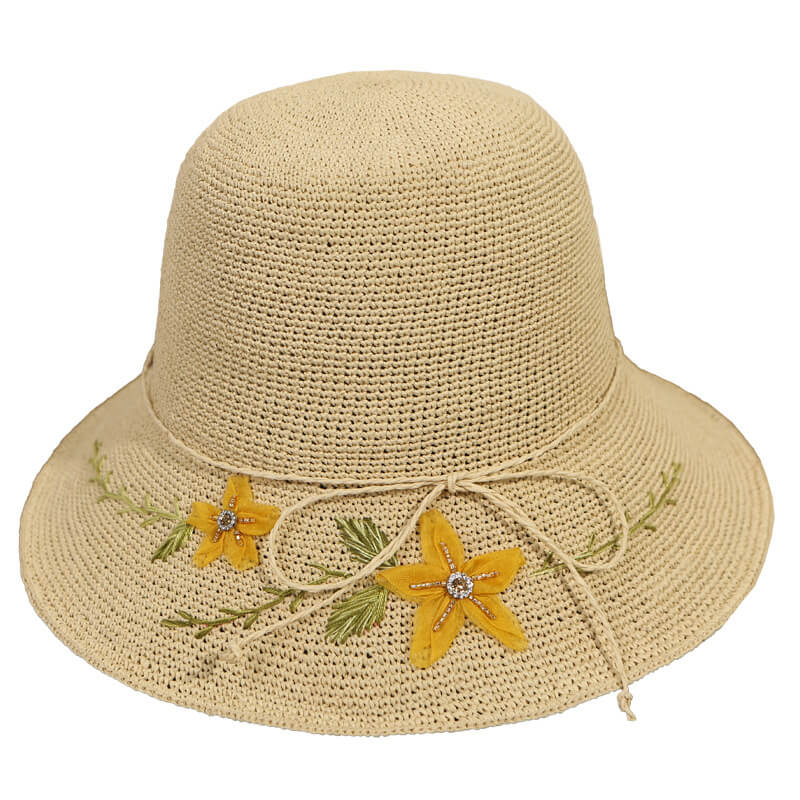 Handmade Silk Embroidered Floral Summer Natural Straw Hat For Lady-WCM086 Accessories WAAMII   