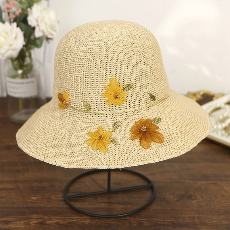 Handmade Silk Embroidered Floral Summer Natural Straw Hat For Lady-WCM086 Accessories WAAMII Beige  