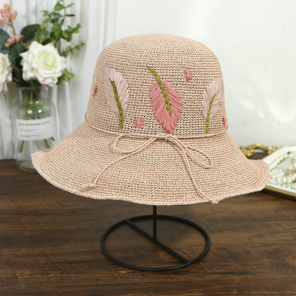Handmade Silk Floral Embroidered Woven Straw Hat-WCM072 Accessories WAAMII Pink  