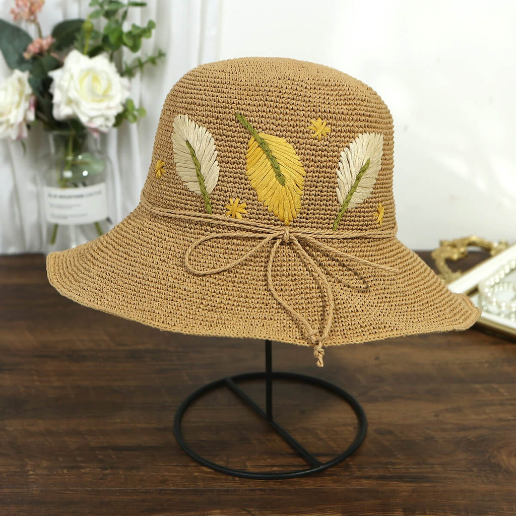 Handmade Silk Floral Embroidered Woven Straw Hat-WCM072 Accessories WAAMII Camel  