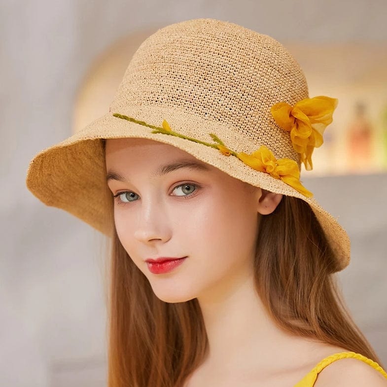 Handmade Silk Flower-Embellished Summer Hat For Women Straw Hat-WCM026 Accessories WAAMII Yellow  
