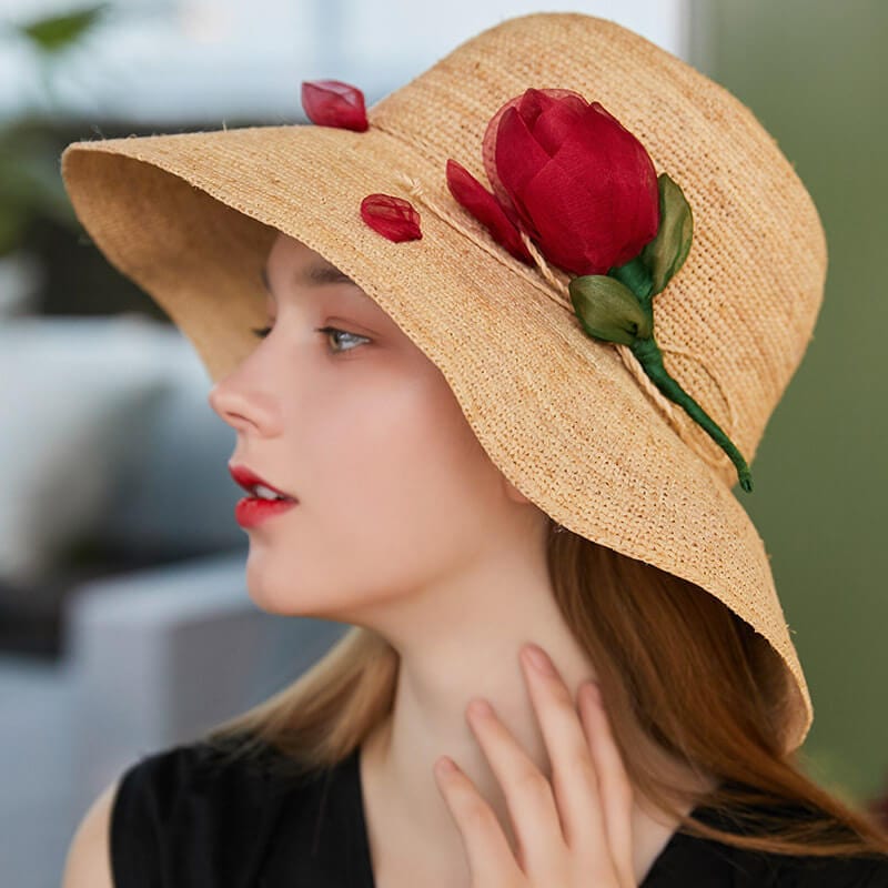 Handmade Silk Flower-Embellished Woven Straw Hat-WCM025 Accessories WAAMII red  