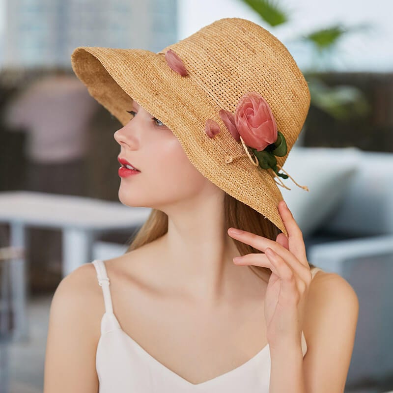 Handmade Silk Flower-Embellished Woven Straw Hat-WCM025 Accessories WAAMII pink  