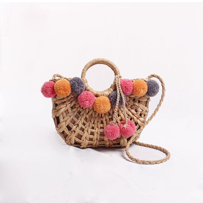 Handmade Straw Hairball Tassel Handbag Travel Beach Bag bags WAAMII   