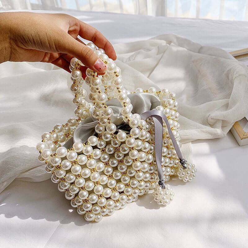 Glitter Faux Pearl Decor Evening Bag, Elegant Top Ring Clutch