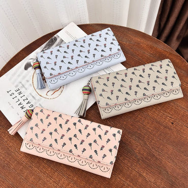 Hollow Out Vegan Leather Floral Wallet Card Holder Ladies Long Purse - - Luxury bags by WAAMII