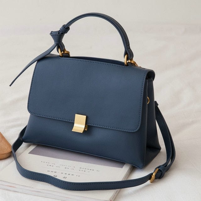 Jane Gold-Tone Knot Handle  Leather Satchel bags WAAMII dark blue about 26x10x17cm 