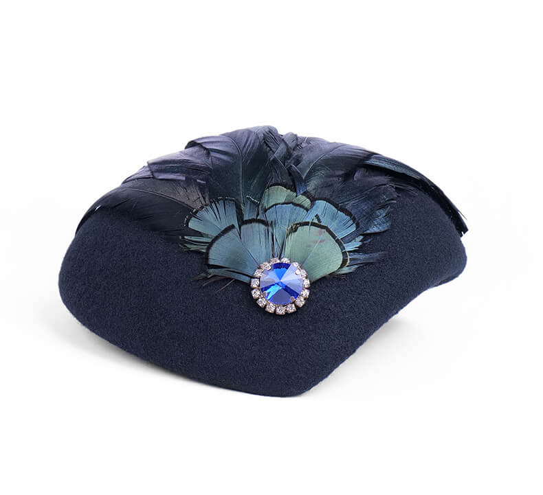 Ladies Classic Wool Feather Beret Fascinator Hat In Royal Blue-WB3061 Accessories WAAMII royal blue  