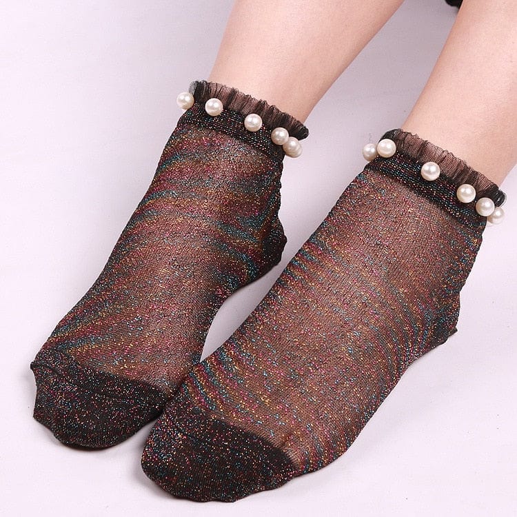 Ladies Pearl Beads Glitter Mesh Invisible Ankle Socks Lace Socks Accessories WAAMII   