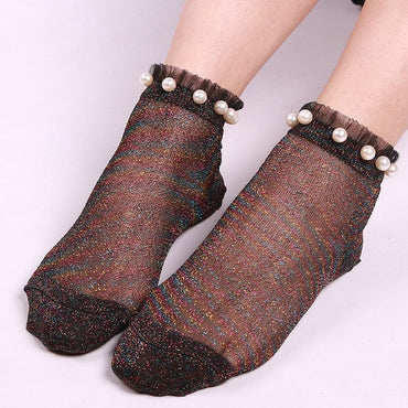 Ladies Pearl Beads Glitter Mesh Invisible Ankle Socks Lace Socks - - Luxury Accessories by WAAMII