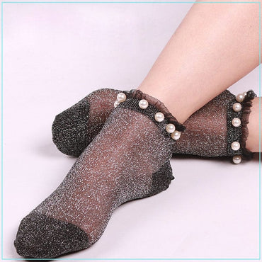 Ladies Pearl Beads Glitter Mesh Invisible Ankle Socks Lace Socks - - Luxury Accessories by WAAMII