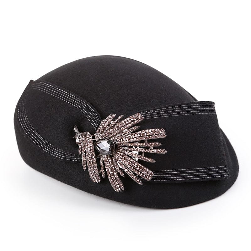 Ladies Simple Wool With Bowknot Rhinestone Beret Hat-Black Accessories WAAMII   