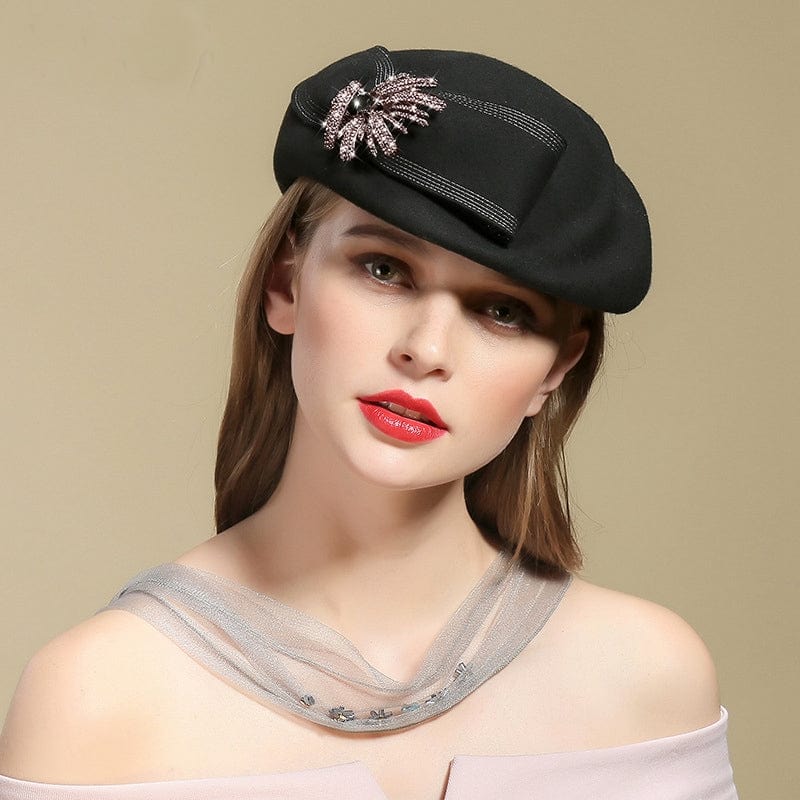 Ladies Simple Wool With Bowknot Rhinestone Beret Hat-Black Accessories WAAMII   