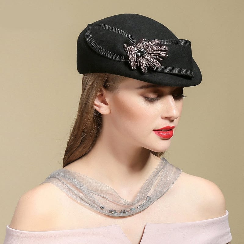 Ladies Simple Wool With Bowknot Rhinestone Beret Hat-Black Accessories WAAMII   