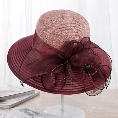 Ladies Sun Hats Wide Brim Flower Church Bucket Beach Hat, Red Wine