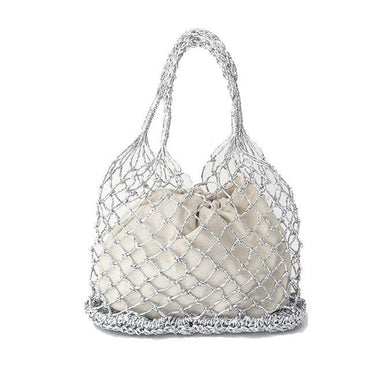 Lesley Hollow Woven Netted Handbag Beach Bag - silver - Luxury bags by WAAMII