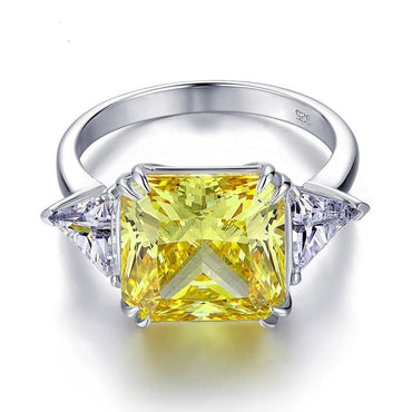 925 Sterling Silver Three-Stone Yellow Canary Created Diamante Ring - - Luxury Jewelry by WAAMII