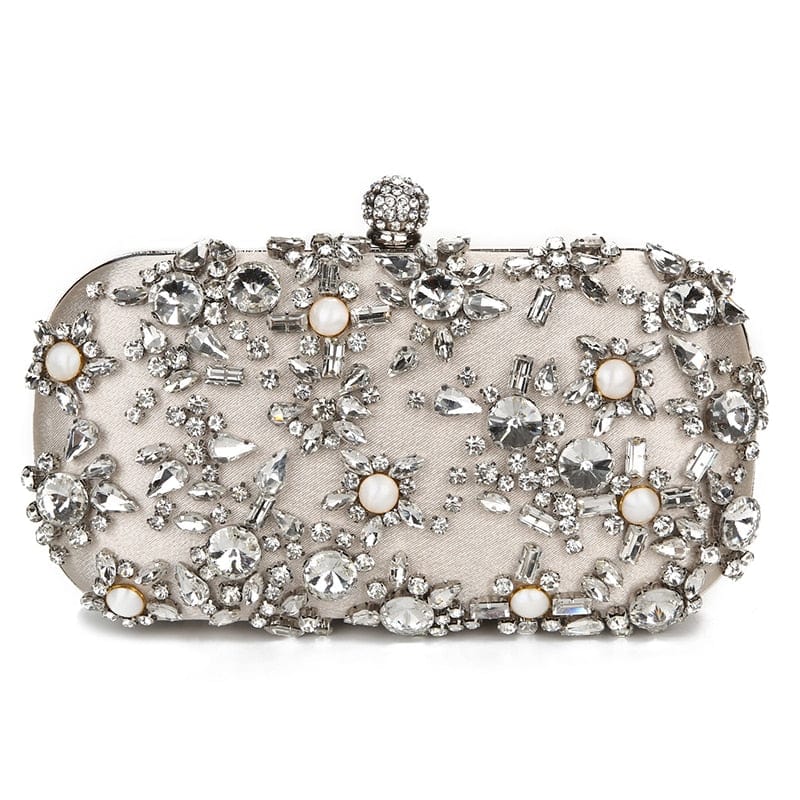 Luxury Crystal Diamante Beaded Clutch Bag-Silver/Apricot - - Luxury bags by WAAMII