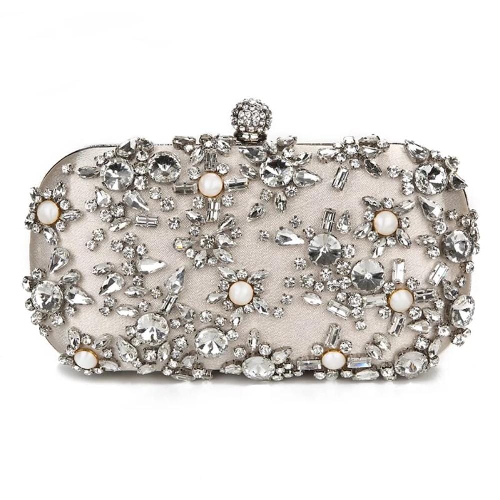 Luxury Crystal Diamante Beaded Clutch Bag-Silver/Apricot - - Luxury bags by WAAMII