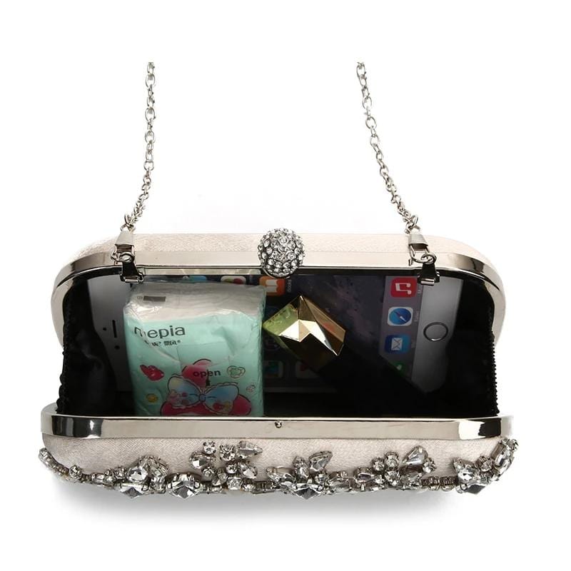 Luxury Crystal Diamante Beaded Clutch Bag-Silver/Apricot - - Luxury bags by WAAMII