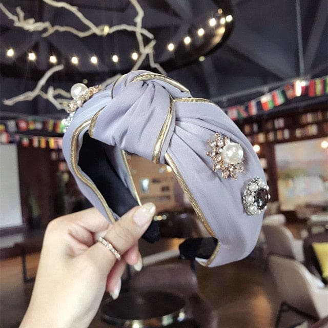 Luxury Fabric Rhinestone Jeweled Boho Headbands Turban Headbands For Girls Women Accessories WAAMII Gray  
