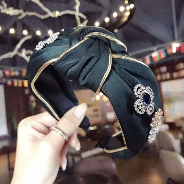 Luxury Fabric Rhinestone Jeweled Boho Headbands Turban Headbands For Girls Women Accessories WAAMII Black Green  
