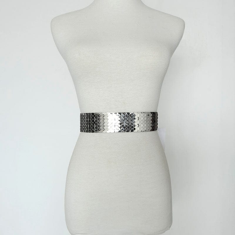 silver belt for dress Luxury Gold/Silver/Black Elastic Wide Black Metal Belt For Women-WG13, gold / L (73–95 cm Elastic waist)