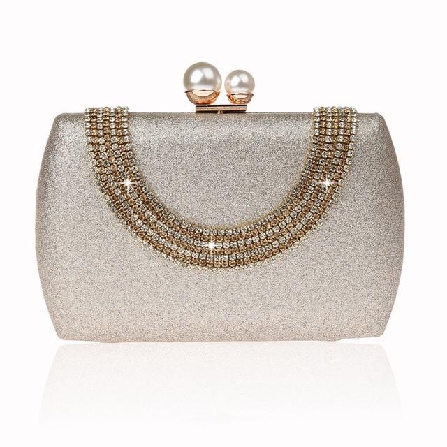 Luxury Pearl Clasp Glittery Crystal Rhinestone Clutch bags WAAMII Champagne  