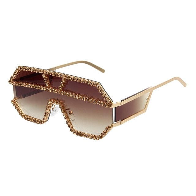 Luxury Rhinestone Geometric Patterns Oversized Sunglasses Accessories WAAMII brown  