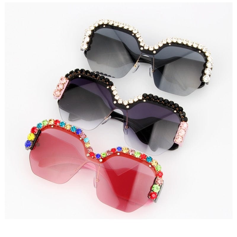 Luxury Rimless Sunglasses Oversized Rhinestone Sunglasses Big Frame Shades Accessories WAAMII   