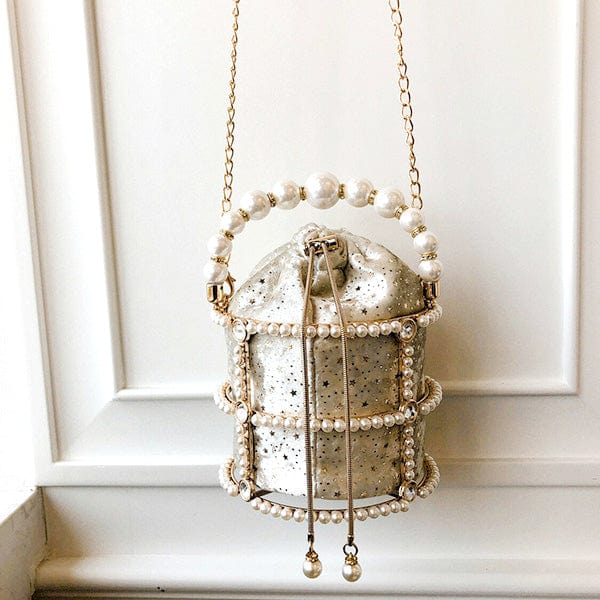 Mini Metallic Hollow Out Pearl Bucket Cage Clutch bags WAAMII Beige pearls  