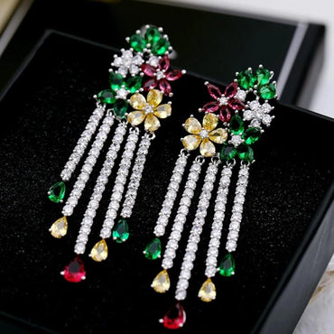 Multi-Color Flower Rhinestone CZ Long Tassel Dangle Earrings - - Luxury Jewelry by WAAMII