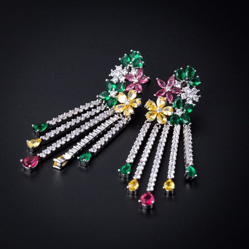 Multi-Color Flower Rhinestone CZ Long Tassel Dangle Earrings Jewelry WAAMII Multicolour  