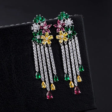 Multi-Color Flower Rhinestone CZ Long Tassel Dangle Earrings - - Luxury Jewelry by WAAMII