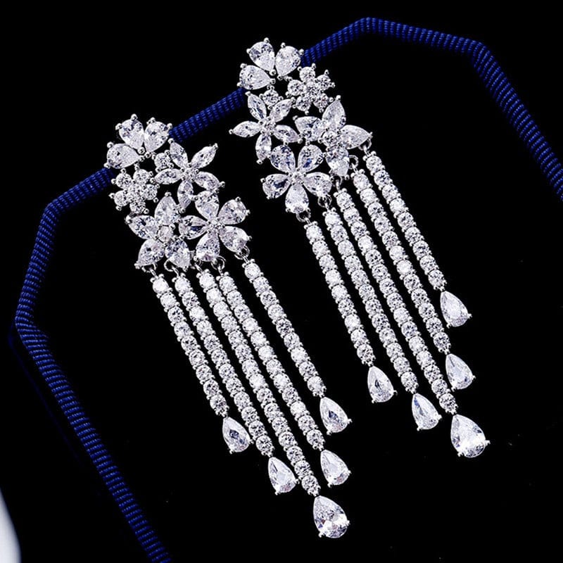 Multi-Color Flower Rhinestone CZ Long Tassel Dangle Earrings - - Luxury Jewelry by WAAMII