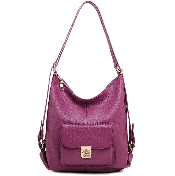 Multifunction Top Grain Cowhide Leather Hobo Handbag Shoulder Bag Backpack bags WAAMII Purple  