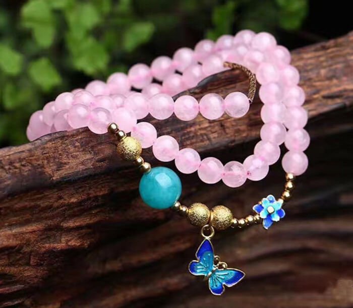 Natural Pink Crystal Hibiscus Stone Cloisonne Butterfly Bracelet Jewelry WAAMII Cloisonne Butterfly-Gold  