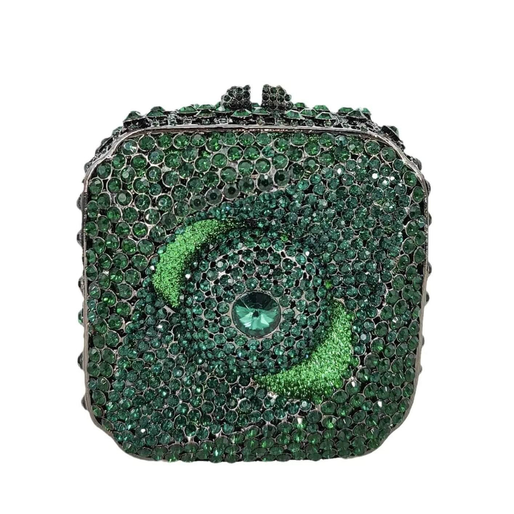 New Style Cosmic Eye Double Sided Full Crystal Mini Box Clutch Evening Purse bags WAAMII Green-gun black hardware  