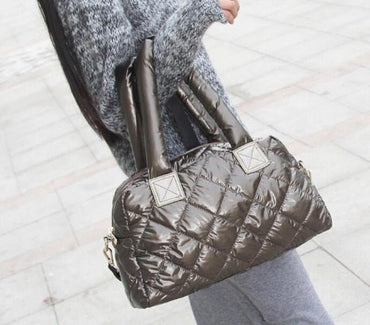 Nylon Shell Down Women Messenger Bag Ladies Quilted Handbag - Coffee - Luxury bags by WAAMII